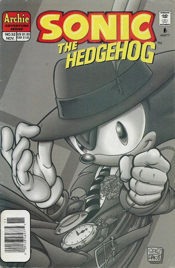 Sonic in noir style, wearing a trench coat and fedora, holding a pocket watch.