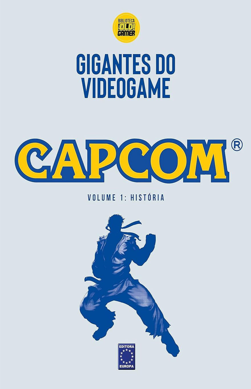 Cover of "Video Game Giants" with the word "Capcom" in bold yellow. Below, a silhouette of the character Ryu. Light blue and minimalist design.