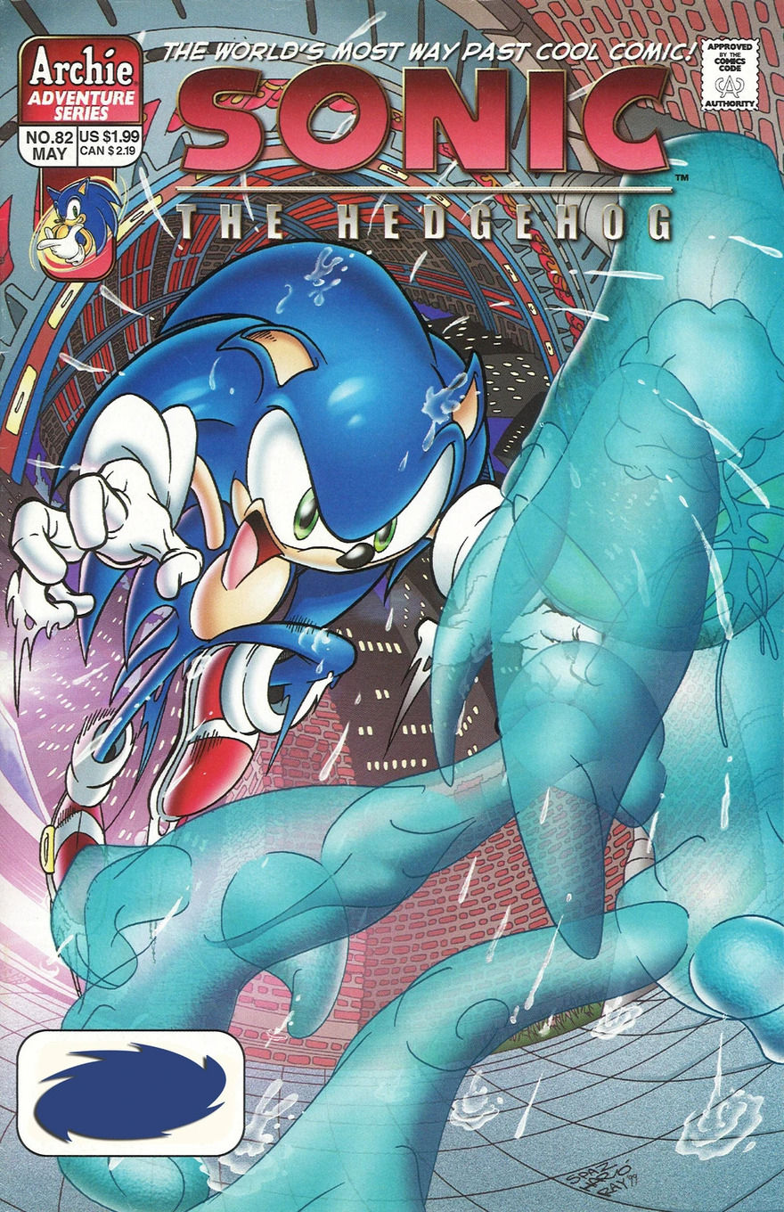 Sonic is in an action pose amid swirling water tendrils, leaping to attack a translucent foe.