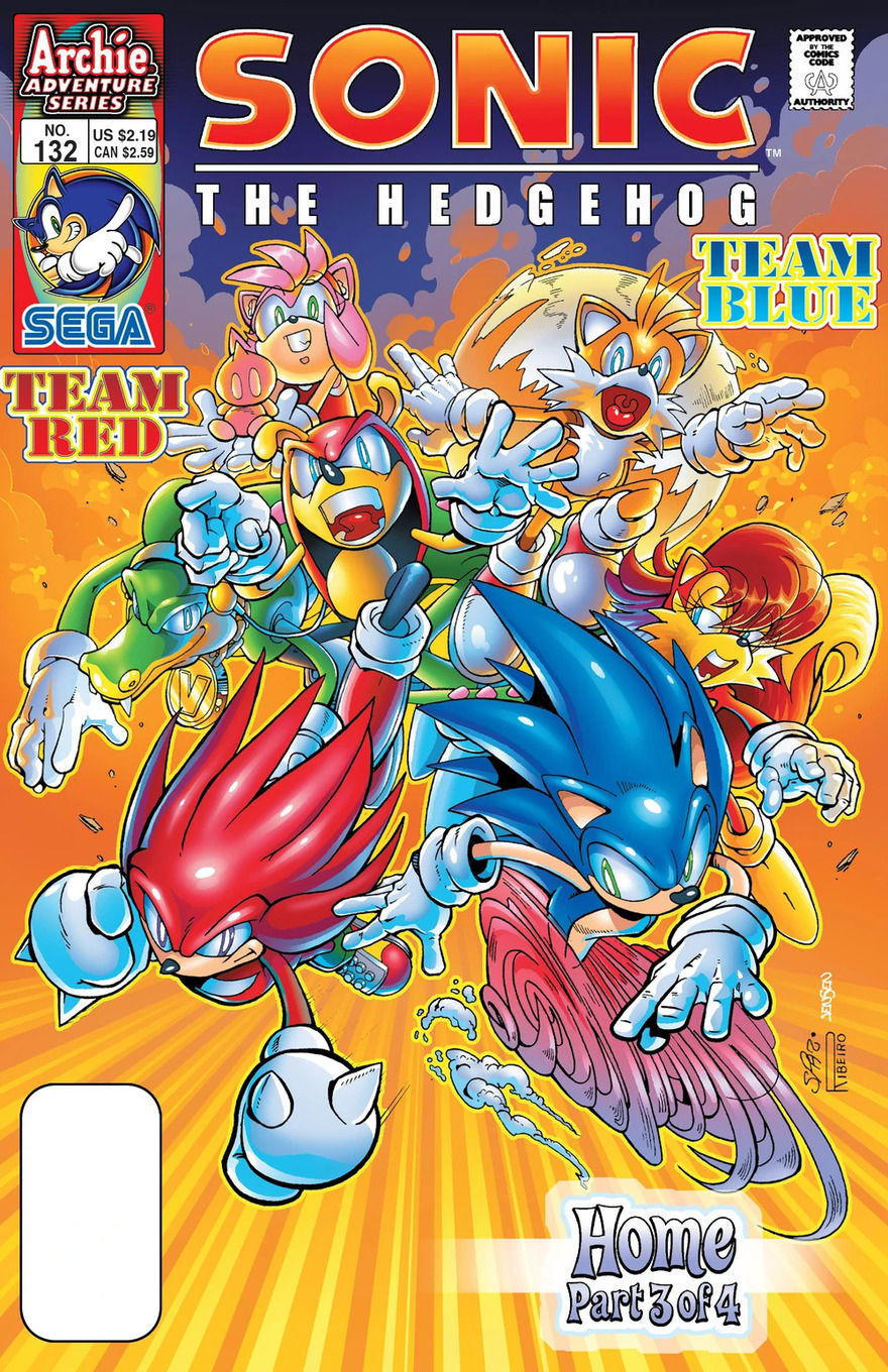Sonic and Knuckles racing against each other, with other characters forming their teams and running behind them. Vibrant colors, fast-paced energy.