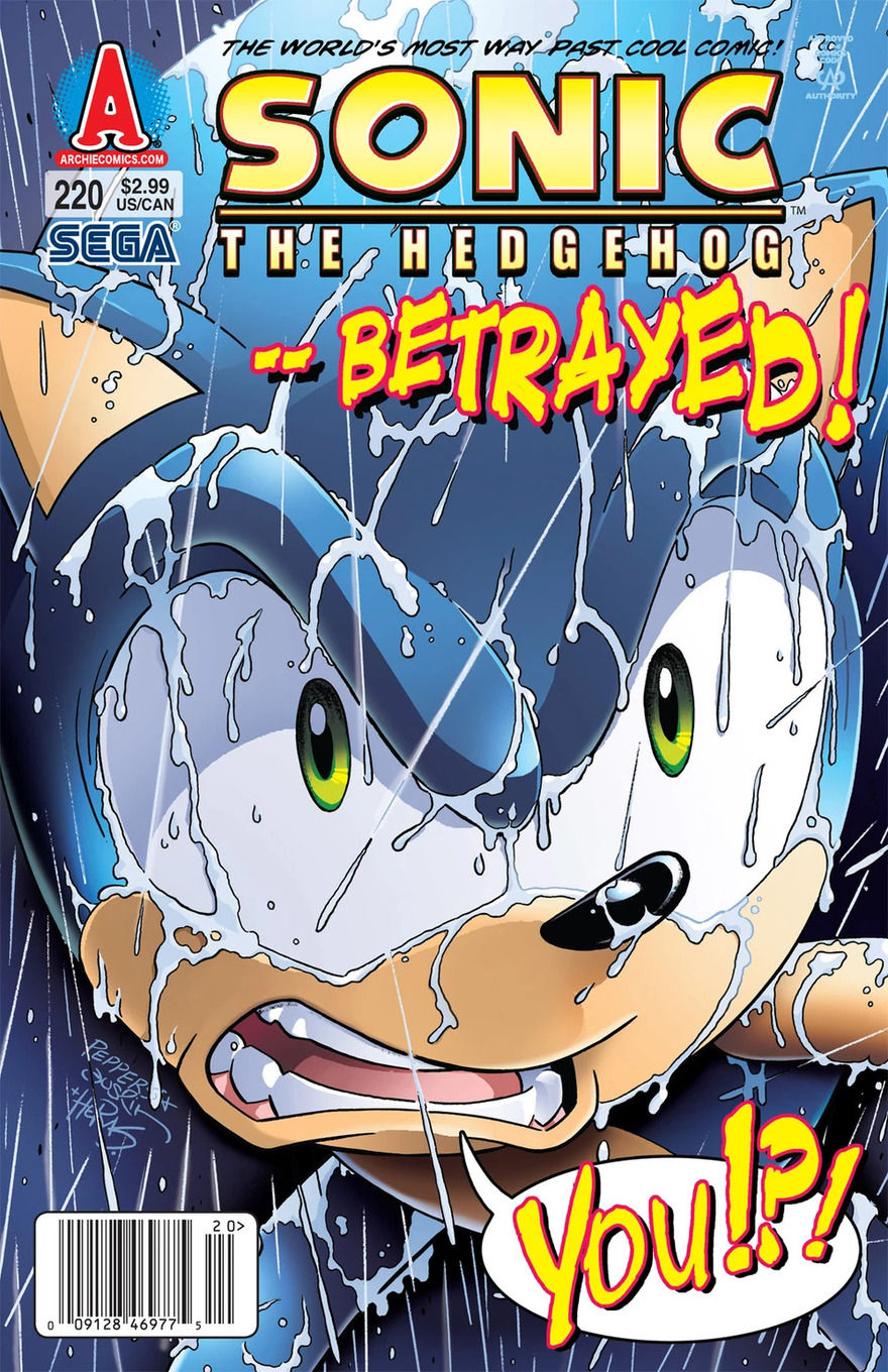 Sonic drenched and distressed in rain, with a dramatic “Betrayed” headline and shocked “You!?” speech bubble.