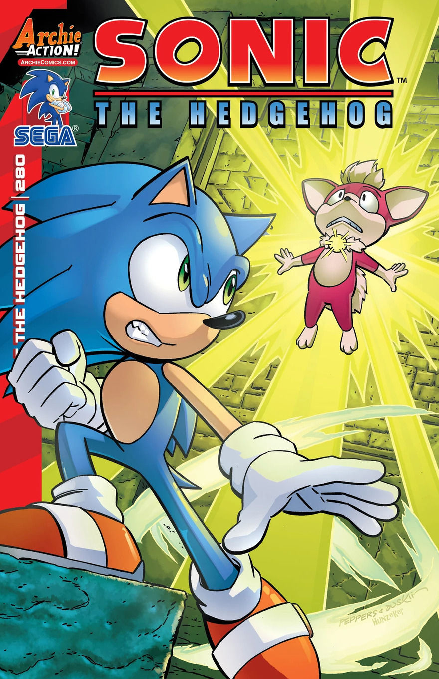 Sonic in the foreground, looking apprehensive and ready for a fight, while another character floats behind him, radiating energy in all directions.