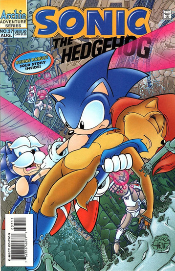 Sonic carries an unconscious figure through a techno-jungle while holding his lookalike with his other hand as robots fire lasers at them.