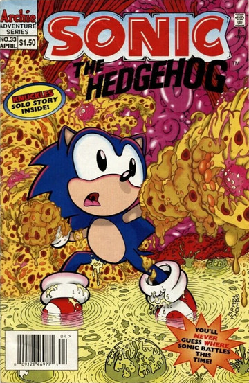 Sonic stands surprised in a vibrant, surreal landscape of swirling yellow and pink hues, surrounded by organic shapes.