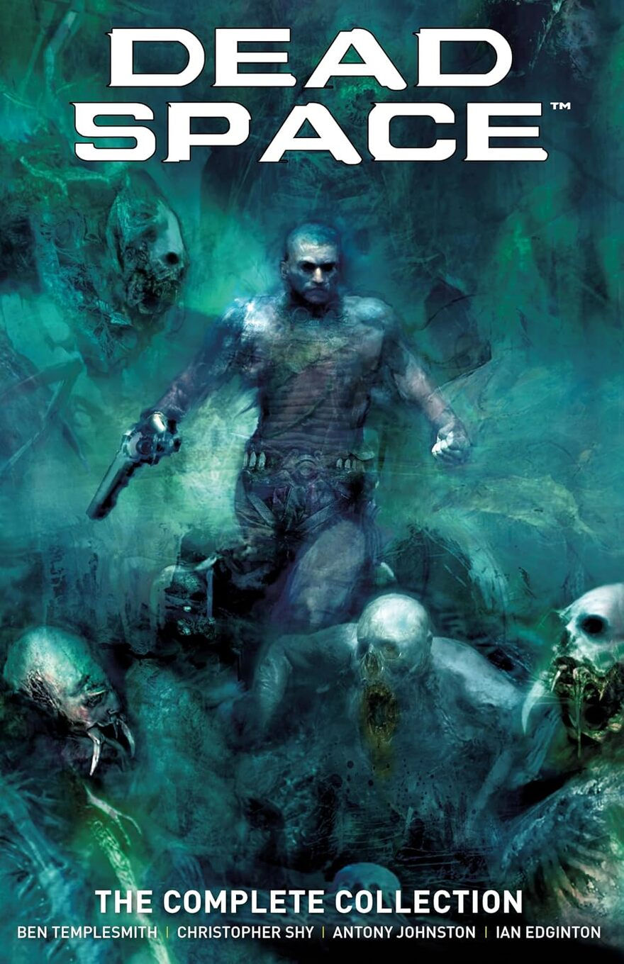 Teal sci-fi horror cover for Dead Space: The Complete Collection, showing a grim-faced space marine with a gun amid lurking creatures.