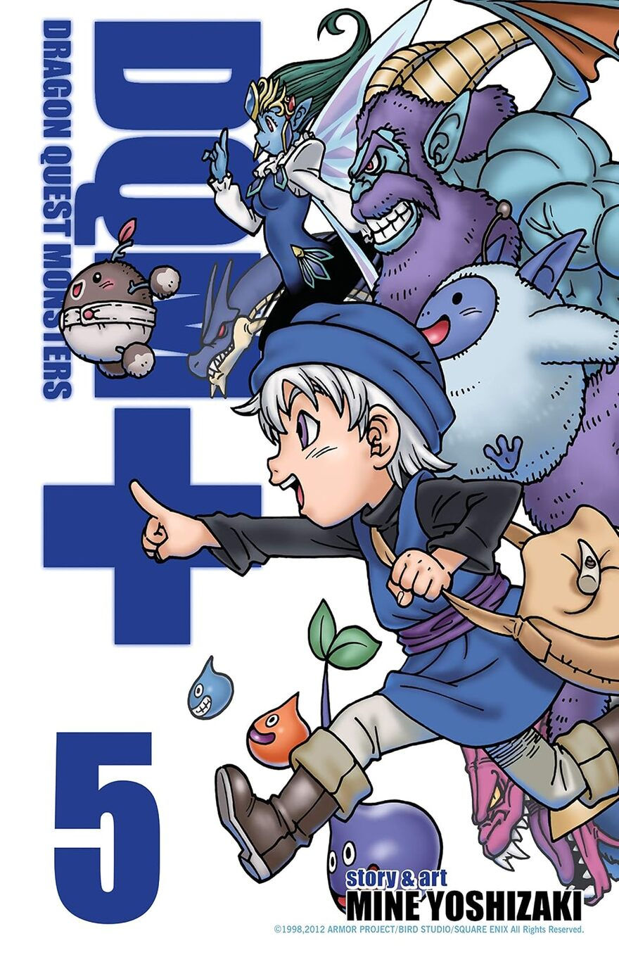 Young adventurer in blue, surrounded by diverse monsters, points forward. 