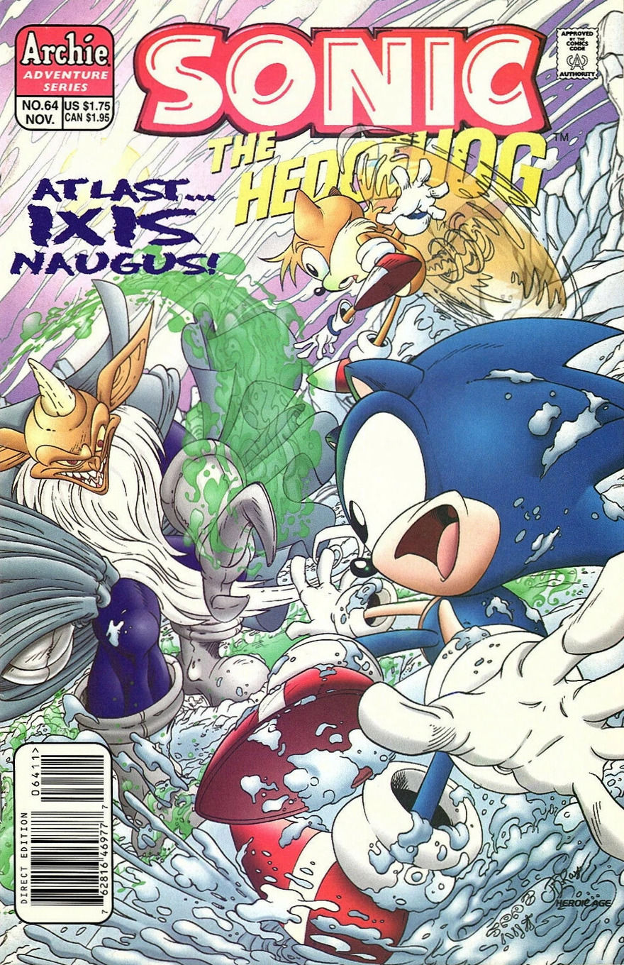 Sonic and Tails face off against a villainous sorcerer casting green energy.