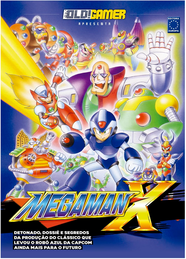 Colorful illustration of Megaman X characters, with the main figure in a blue suit at the center, surrounded by various robot adversaries. Dynamic poses convey action and energy. The bold title "MEGAMAN X" is at the bottom, with additional text in Portuguese. The artwork exudes a futuristic and heroic tone.