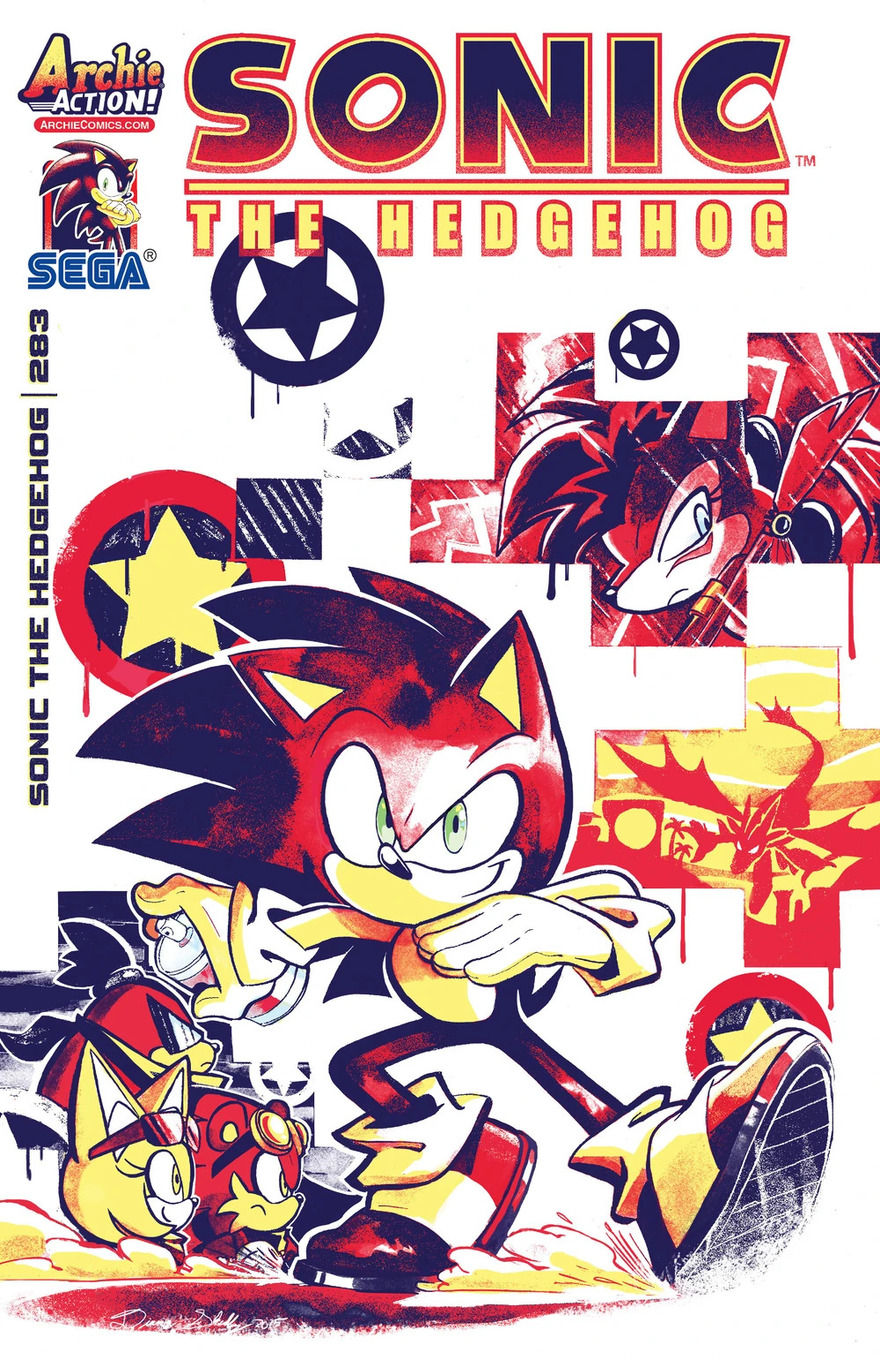 Sonic, holding a spray paint can, is surrounded by illustrations of characters and elements, such as stars, as if they had been spray-painted by him.