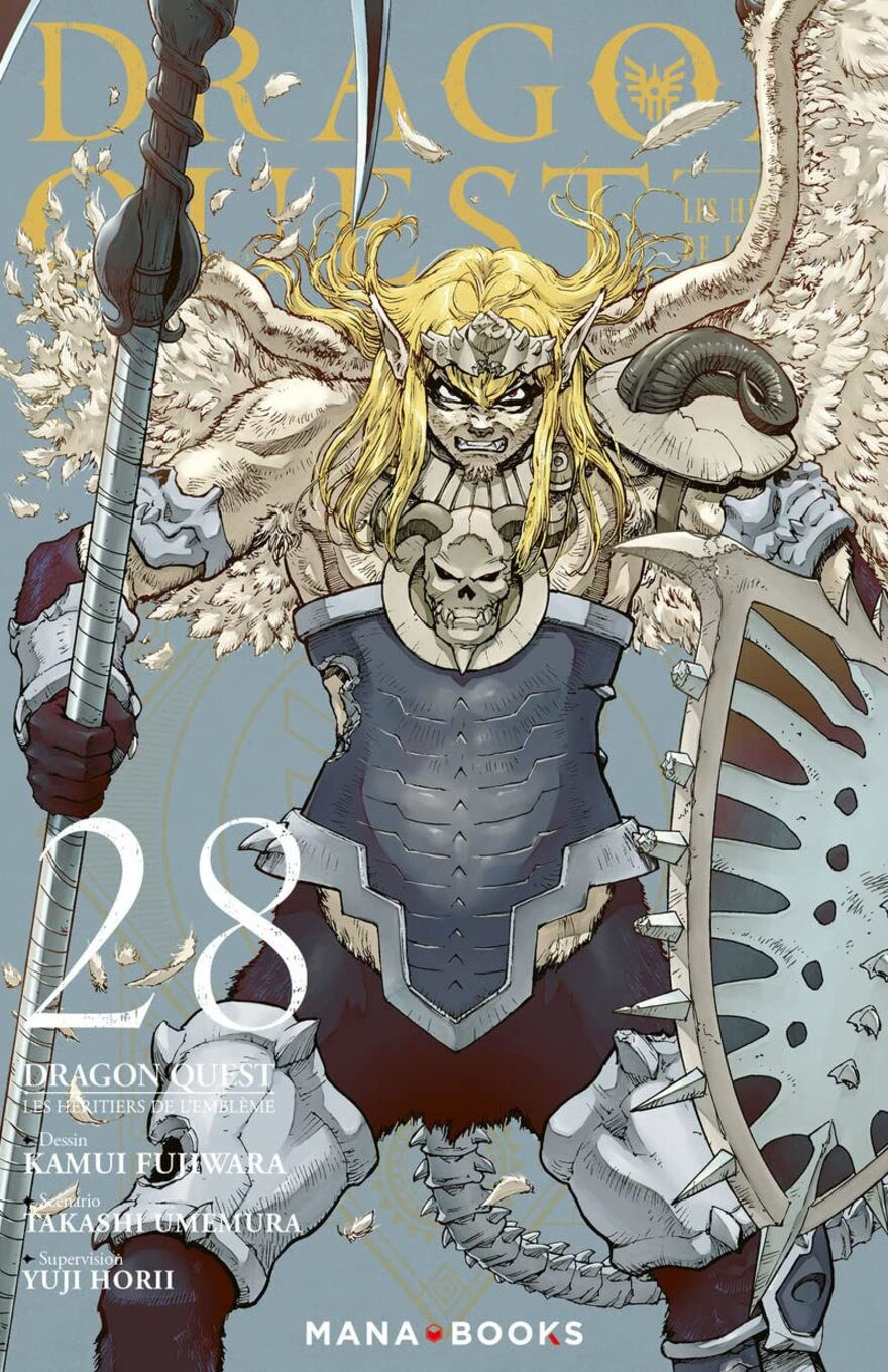 Fantasy warrior with wings, long blonde hair, and armor featuring a skull emblem stands menacingly with a large weapon and shield. Background shows scattered feathers.