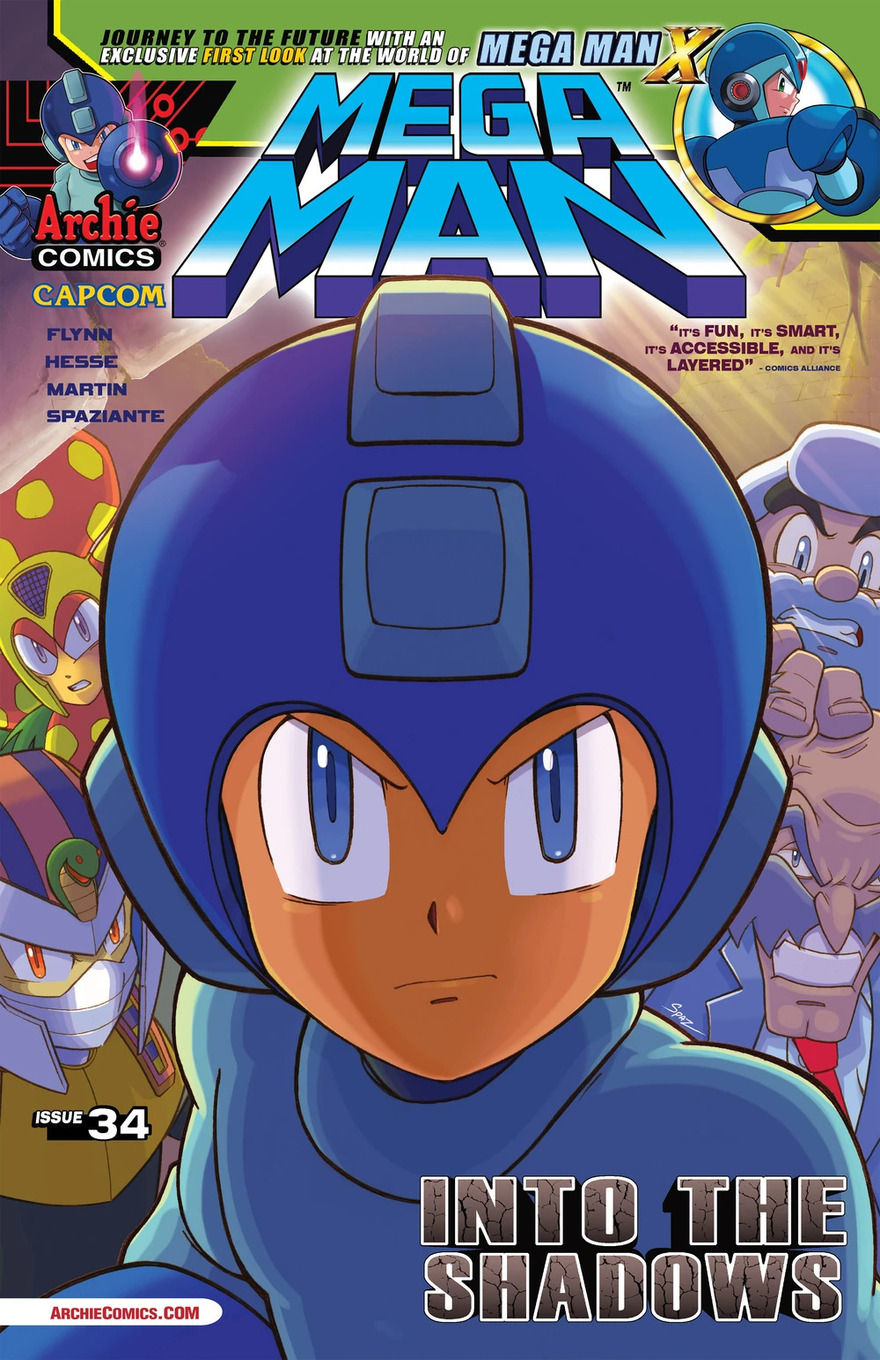 Mega Man in blue armor with a determined expression. Background shows various characters, creating a tense, adventurous tone.