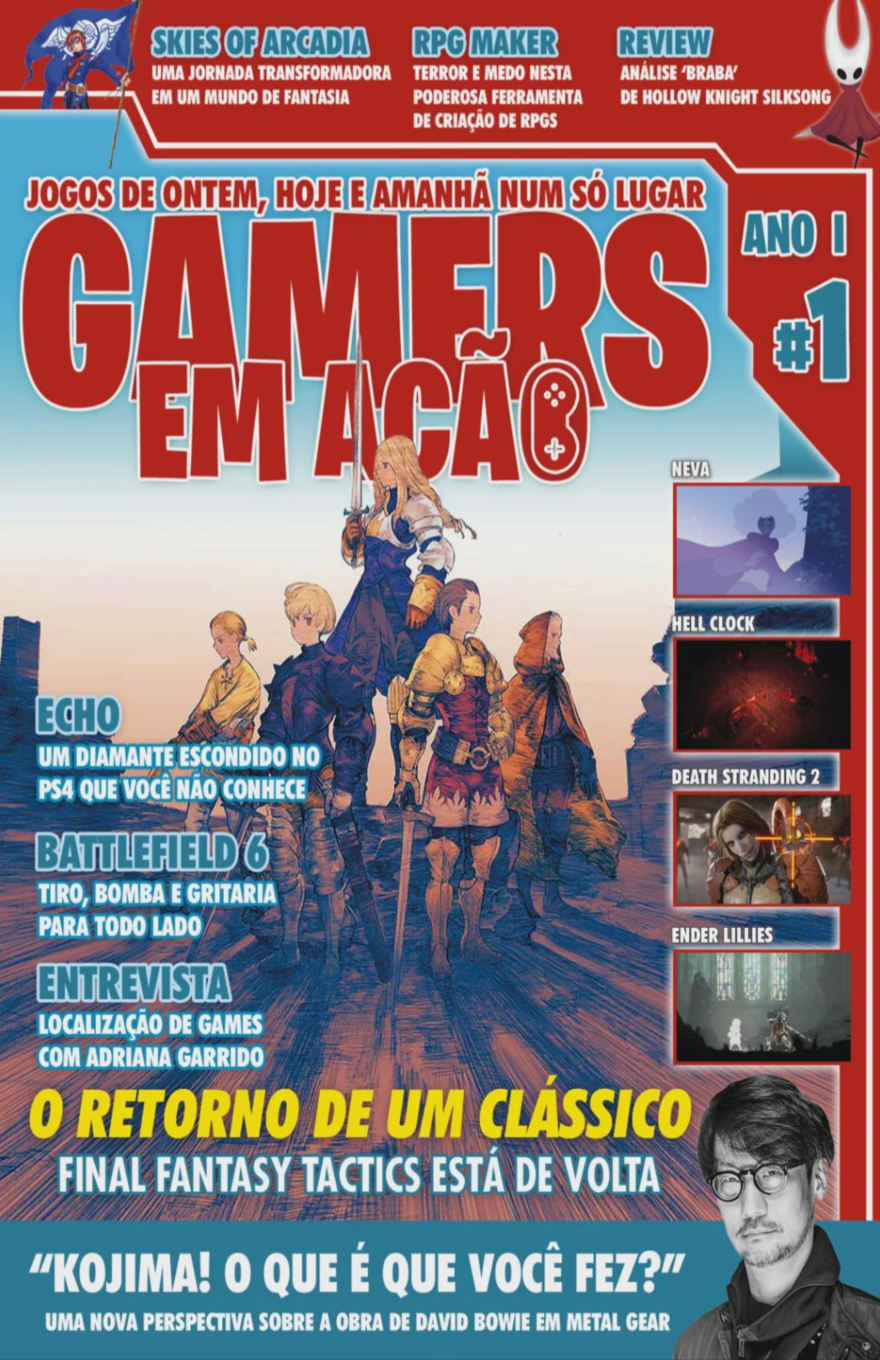 Cover of "Gamers in Action" magazine, issue #1. Features a "Final Fantasy Tactics" illustration and game reviews. Energetic and nostalgic tone.