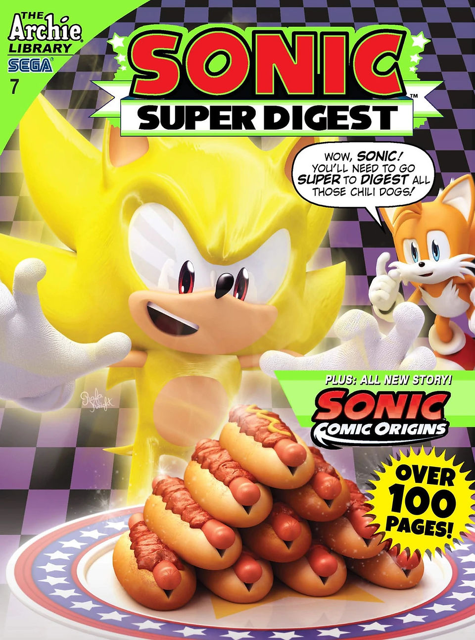 Super Sonic grins beside a towering pile of hot dogs, with Tails behind him on a checkerboard background