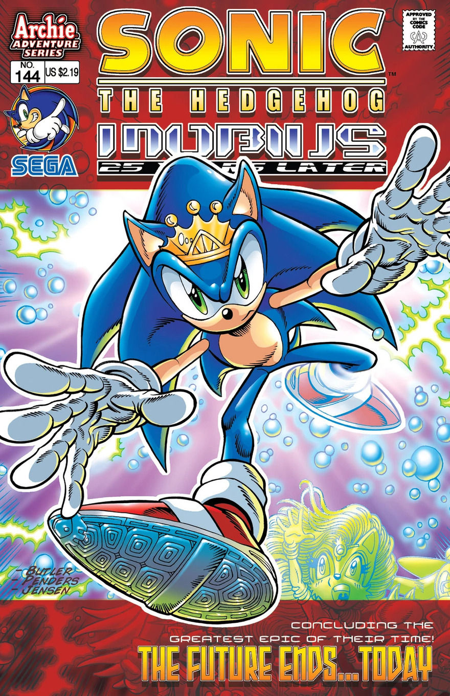 Sonic leaping forward wearing a golden crown, as other characters, enveloped in neon energy, wave at him with concern. The background features bubbles and energy radiance.