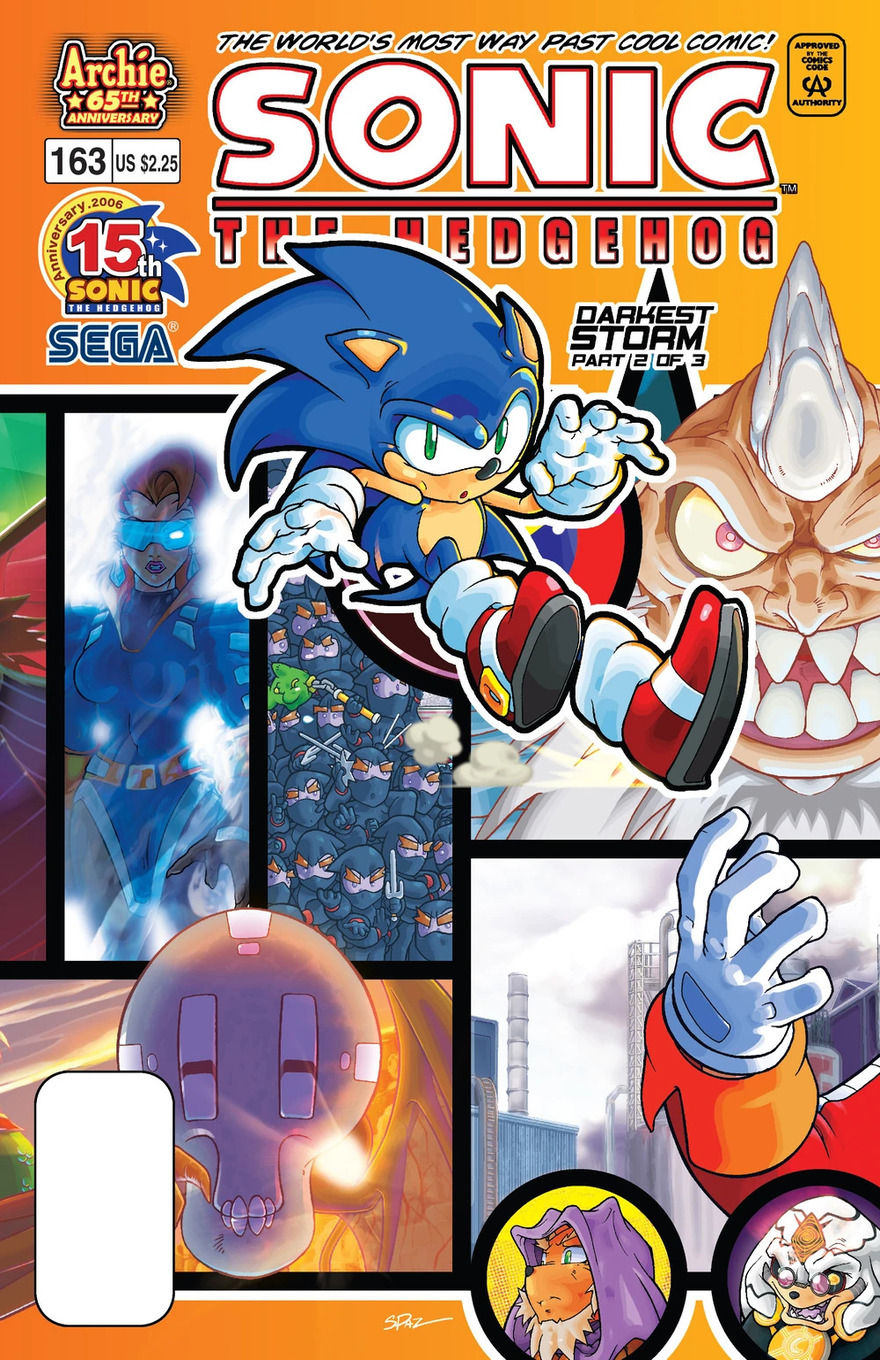 A worried Sonic leaps forward amid panels filled with different characters.