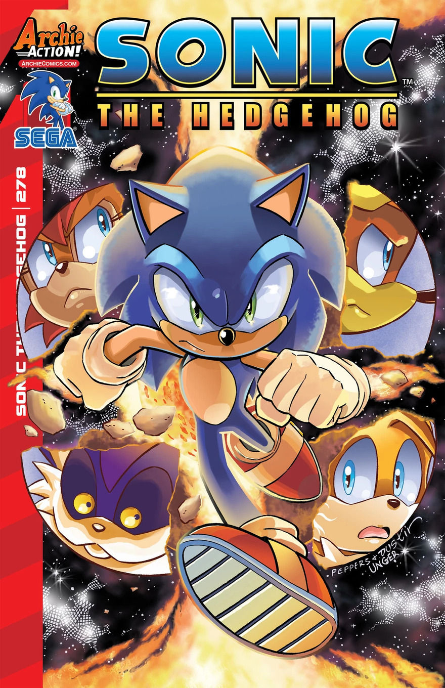 Sonic runs determinedly toward the viewer, while the faces of his allies appear in panels around him, wearing furious or concerned expressions.