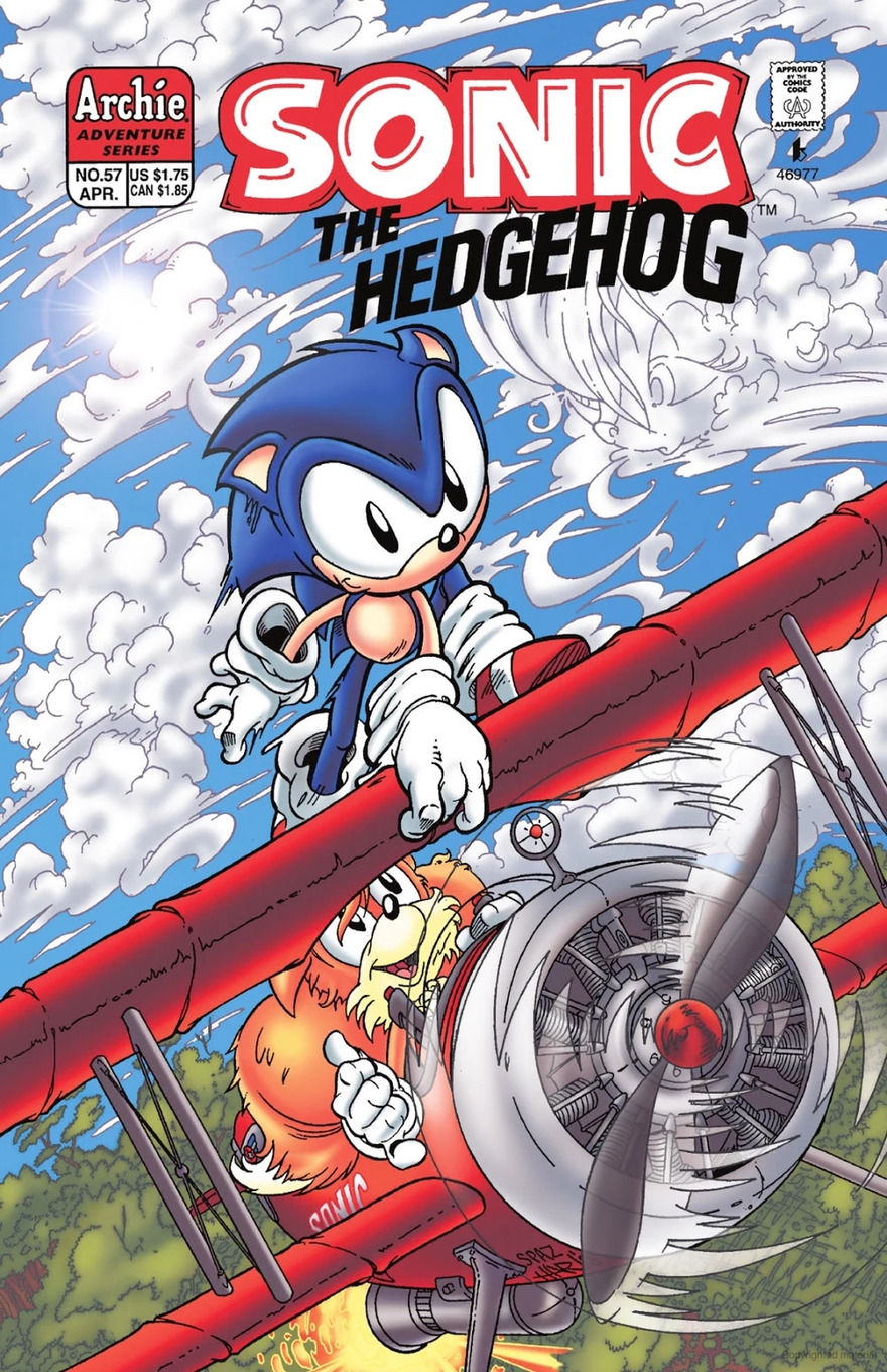 Sonic balances on top of a red biplane piloted by Tails, against a cloudy sky.