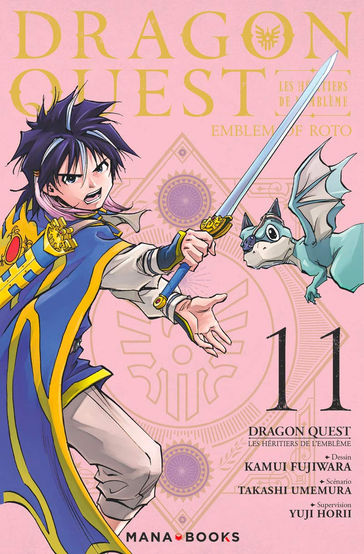 Young warrior with blue cape and short sword, accompanied by a small dragon, on a pink "Dragon Quest" cover. Energetic and adventurous tone.