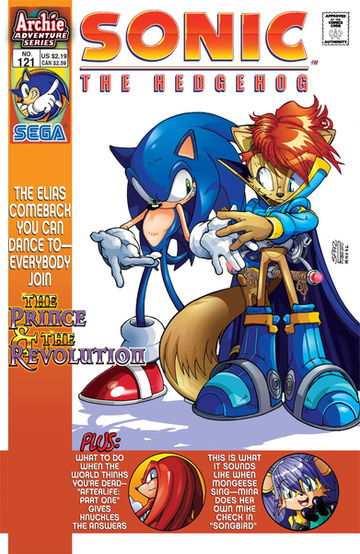 Sonic stands with a smug expression beside a red-haired character in blue attire with a worried expression.
