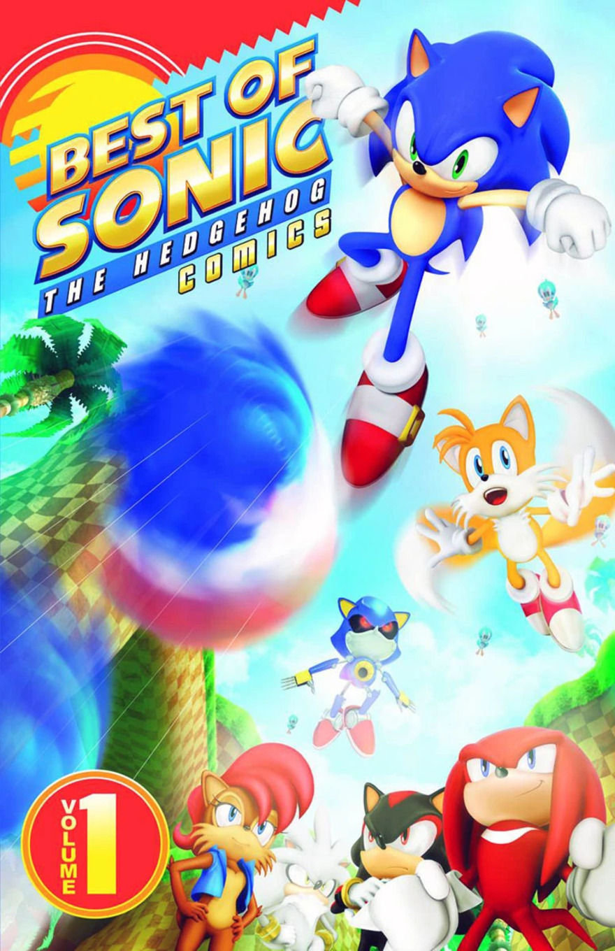 Sonic leaps upward, leaving a blur of his previous movements behind, while Tails flies overhead with Metal Sonic nearby and other colorful characters look up from the ground.