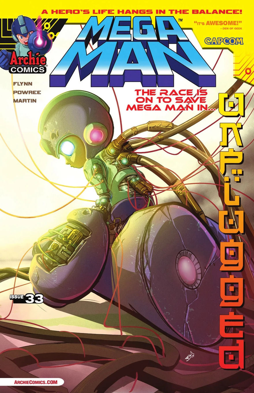 Mega Man is shown sitting, wires attached to his body. The phrase “A hero’s life hangs in the balance!” adds urgency.