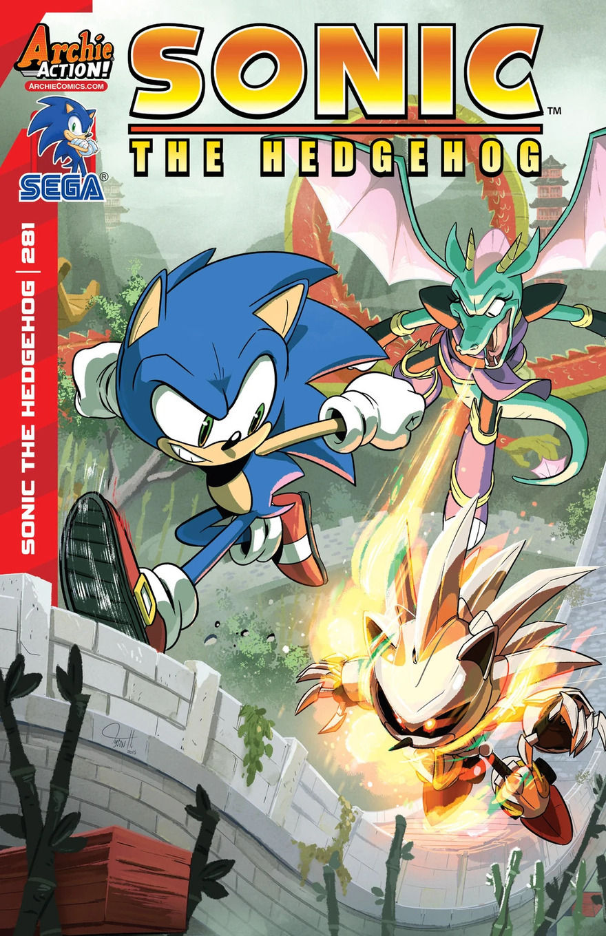 Sonic races forward along a wall, looking apprehensively over his shoulder, while being pursued by Metal Sonic, who is scorched by a green dragon in armor.