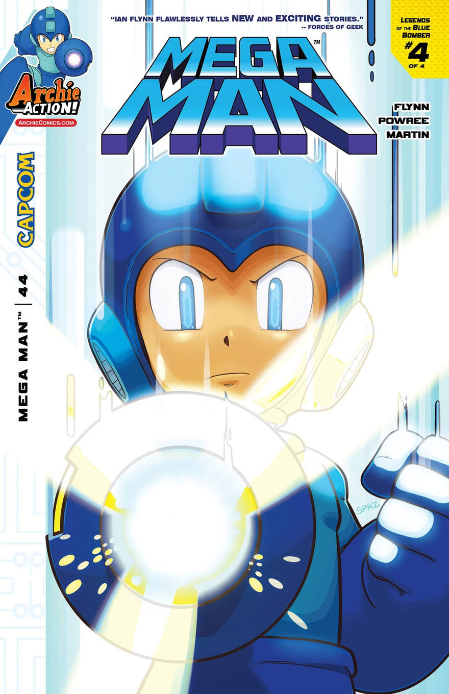 Mega Man holding a glowing blaster. His expression is determined, with bright, energetic lighting.