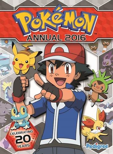 Cover of "Pokémon Annual 2016" featuring a character in a blue jacket with various Pokémon, celebrating 20 years. Bright, cheerful design.