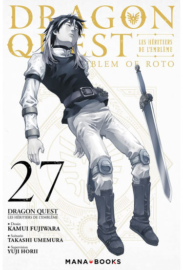 Manga cover of "Dragon Quest: Emblem of Roto" volume 27. A serene character lies at an angle, eyes closed, beside a sword. Monochrome tones.