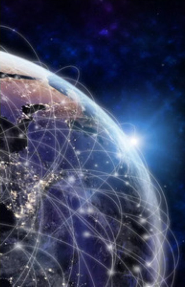A glowing Earth seen from space, crisscrossed by luminous network lines and city lights, with a bright sunrise on the horizon, evoking global connection.