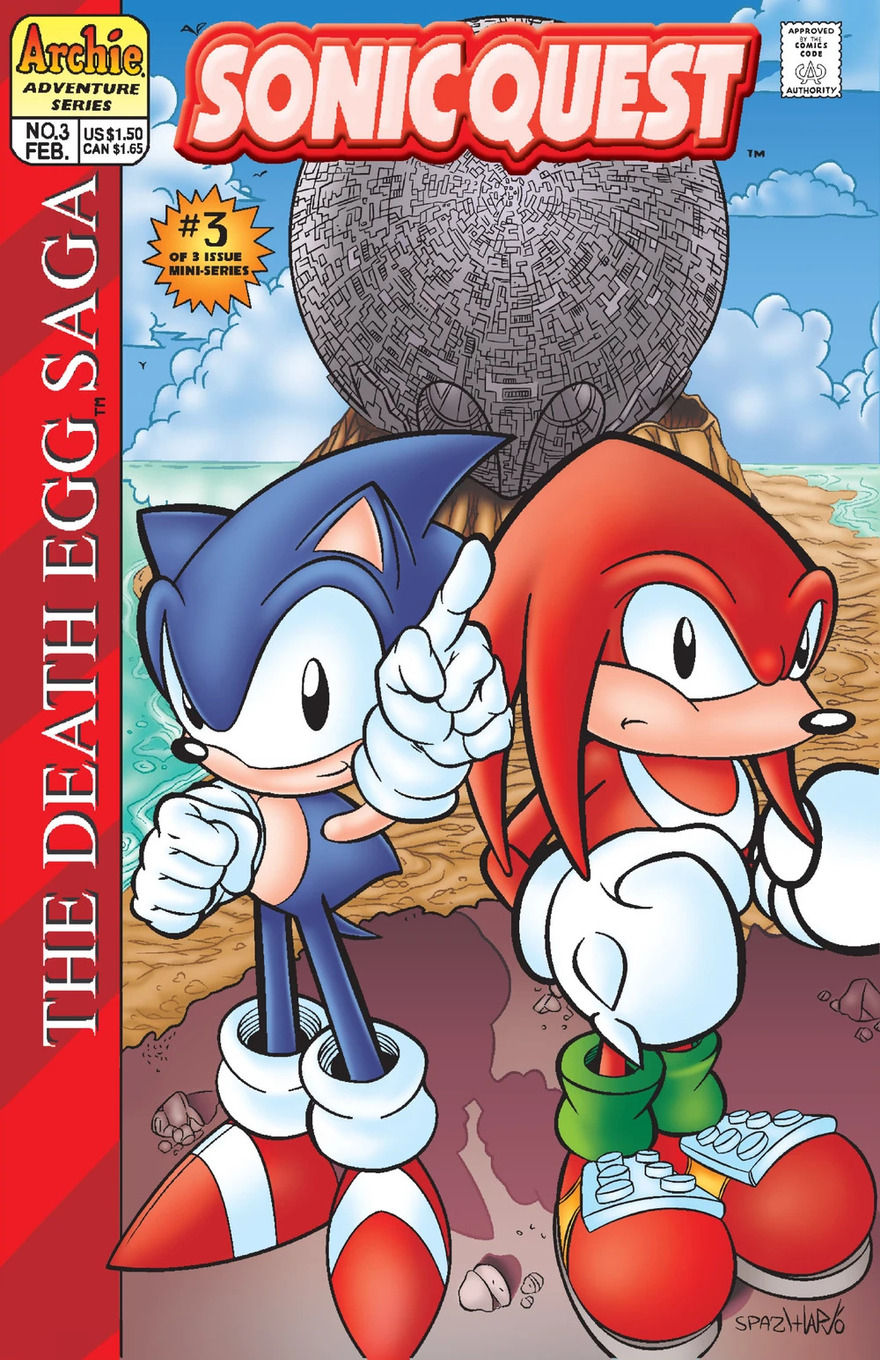 Sonic and Knuckles standing before the giant Death Egg in a rocky landscape.