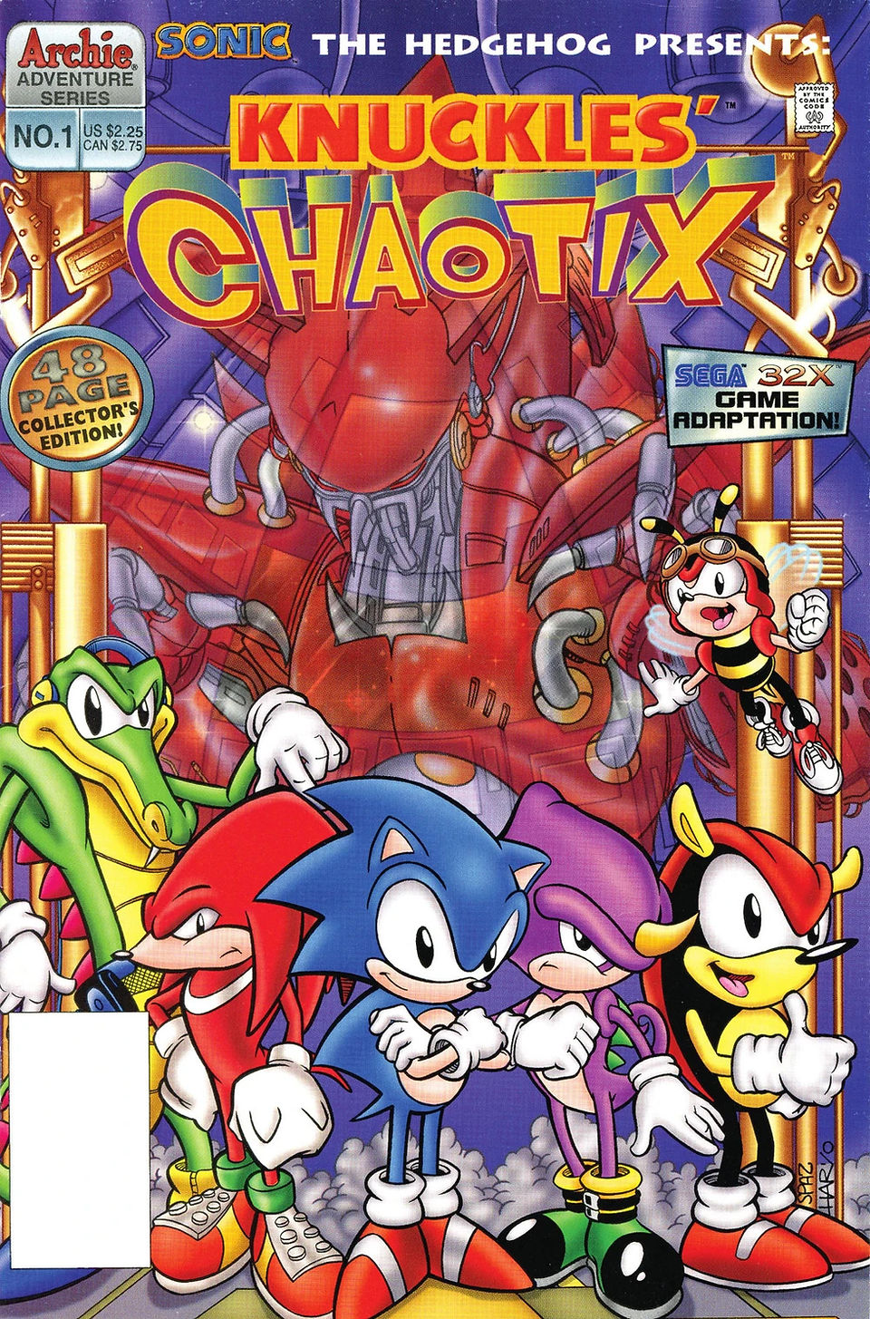 Sonic, with his arms crossed, stands side by side with Knuckles, Mighty, Espio, Charmy, and Vector in front of a giant, menacing red robot.