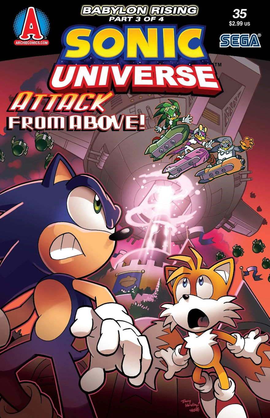 Sonic and Tails look worried as airborne enemies fly menacingly overhead, while energy emanates from a large metal structure.