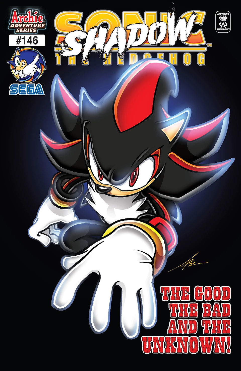 Shadow the Hedgehog in a fierce pose against a black background
