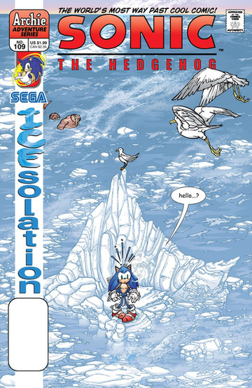 Sonic, with a worried expression, stands alone in a frozen landscape. Birds and marine creatures complete the scene.