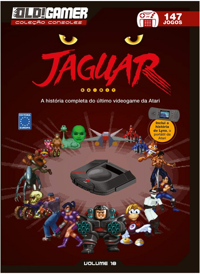 Cover of Old!Gamer magazine featuring “Jaguar.” The console is surrounded by various iconic game characters, set against a vibrant background.
