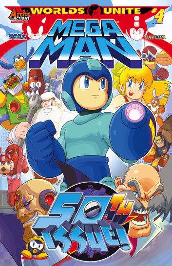 Mega Man at the center, surrounded by various characters in a colorful, dynamic design.