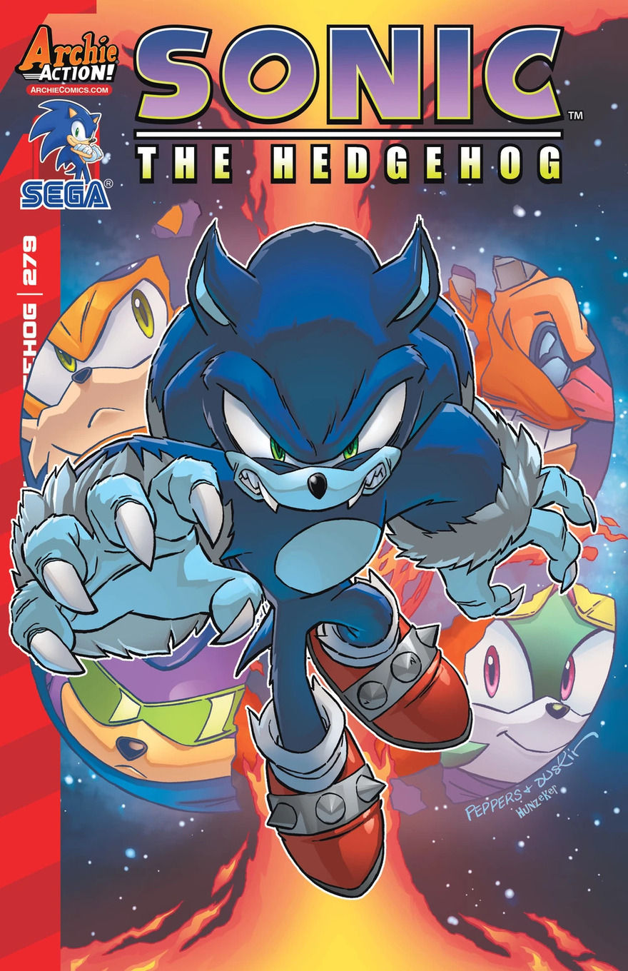 Sonic the Werehog prominently featured at the center of the cover, while the faces of other characters appear in panels around him, against a space-themed background.
