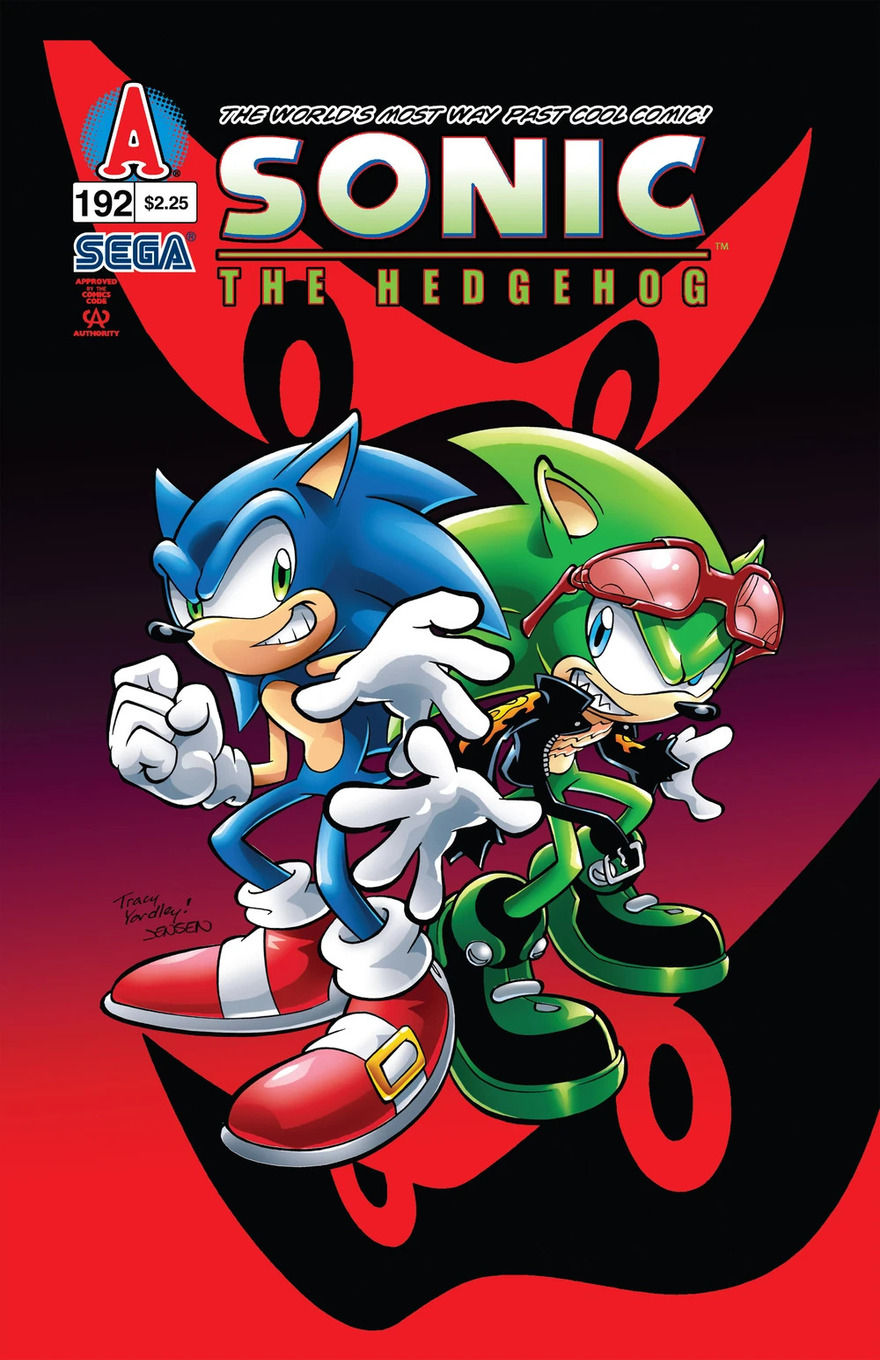 Sonic and Scourge stand side by side, exchanging challenging looks that emphasize their rivalry, against a red-and-black background featuring silhouettes of their eyes.