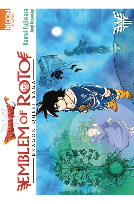 Cover of "Emblem of Roto: Dragon Quest Saga" features a character in a blue robe and yellow boots, set against a mystical sky and surrounded by fantasy elements.