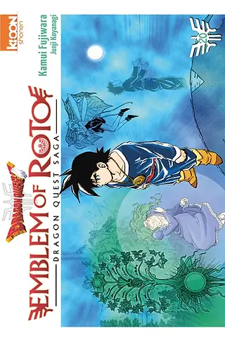 Cover of "Emblem of Roto: Dragon Quest Saga" features a character in a blue robe and yellow boots, set against a mystical sky and surrounded by fantasy elements.