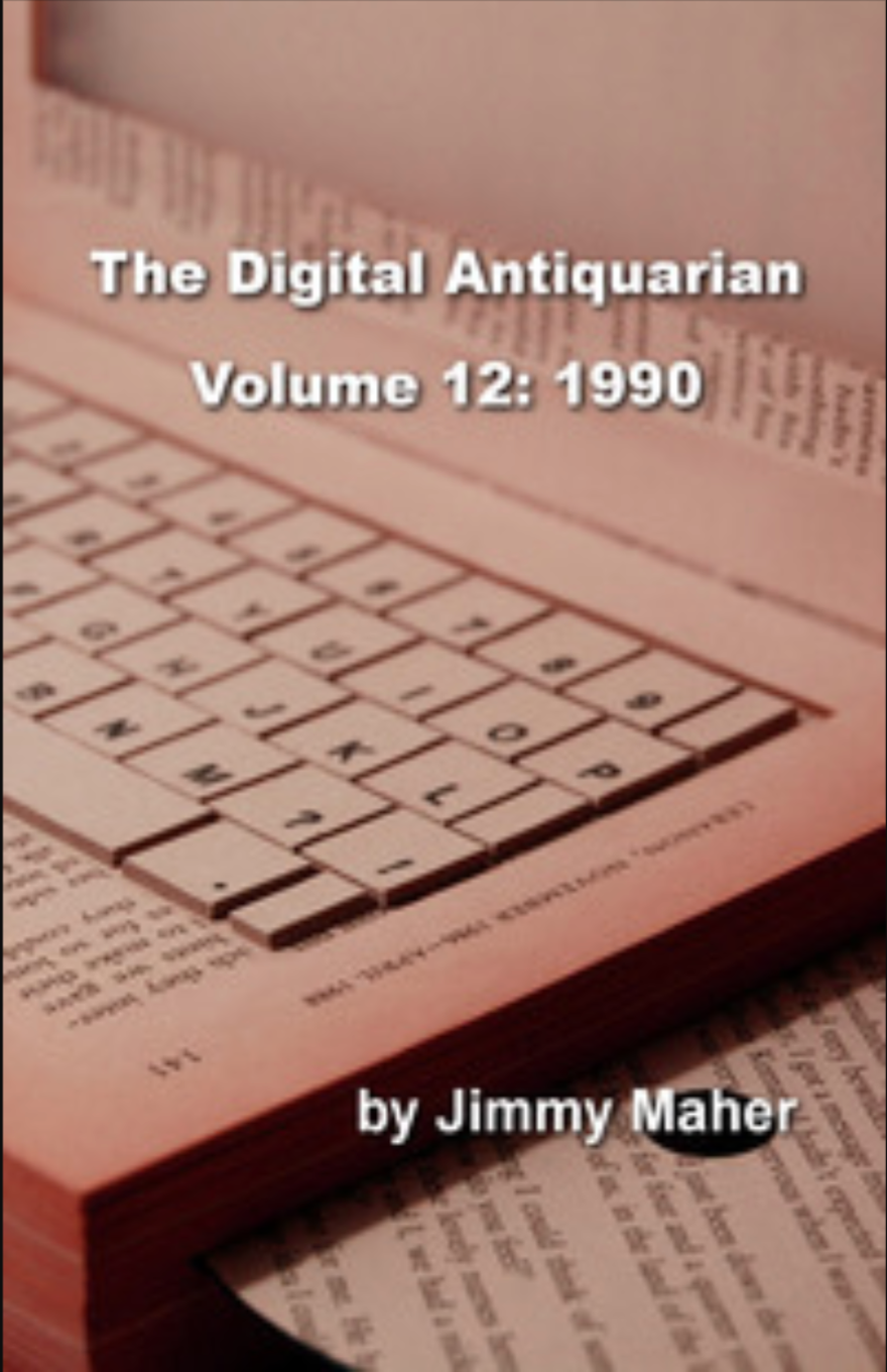 Book cover for “The Digital Antiquarian, Volume 12: 1990” featuring a sepia-tinted vintage computer keyboard over printed pages.
