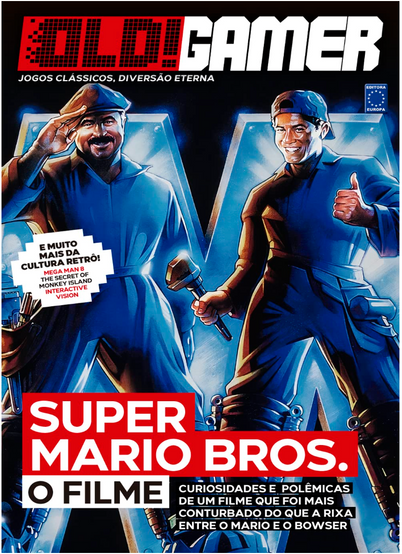 Magazine cover titled "OLD! Gamer" featuring the actors Bob Hoskins and John Leguizamo as Mario and Luigi, both in blue worker outfits with tools, nodding to "Super Mario Bros. - The Movie." Energetic retro vibe.