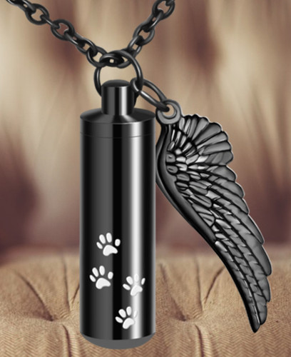 Black Cylinder Necklace With Paw Prints And Angel Wing | Forever Pets 5 thumbnail image