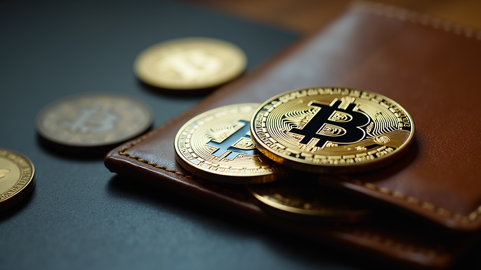 Eye-level view of a cryptocurrency wallet with digital coins