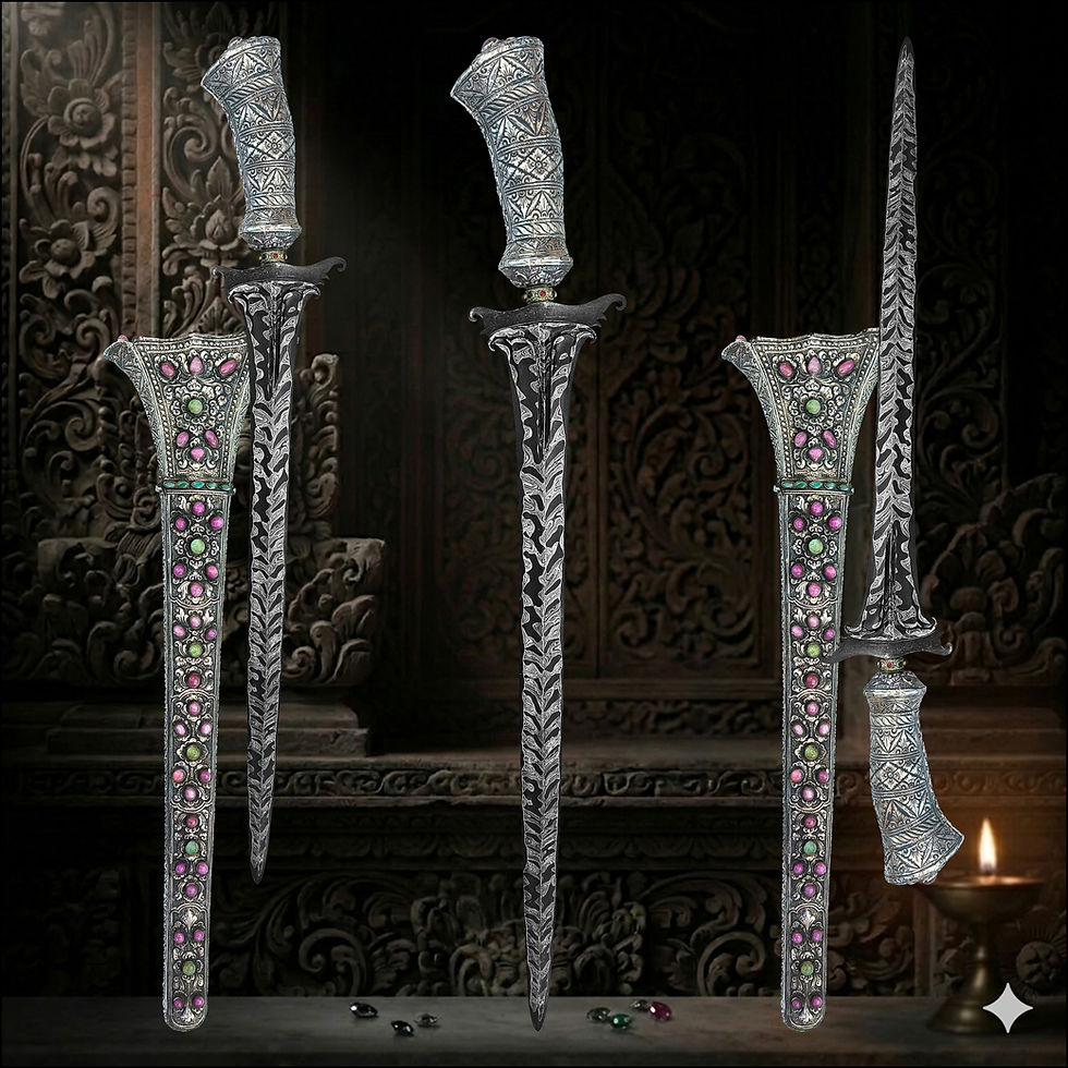 Thumbnail: Close-up of 52 genuine rubies and green emeralds set in hand-chased silver on a royal Lombok keris.