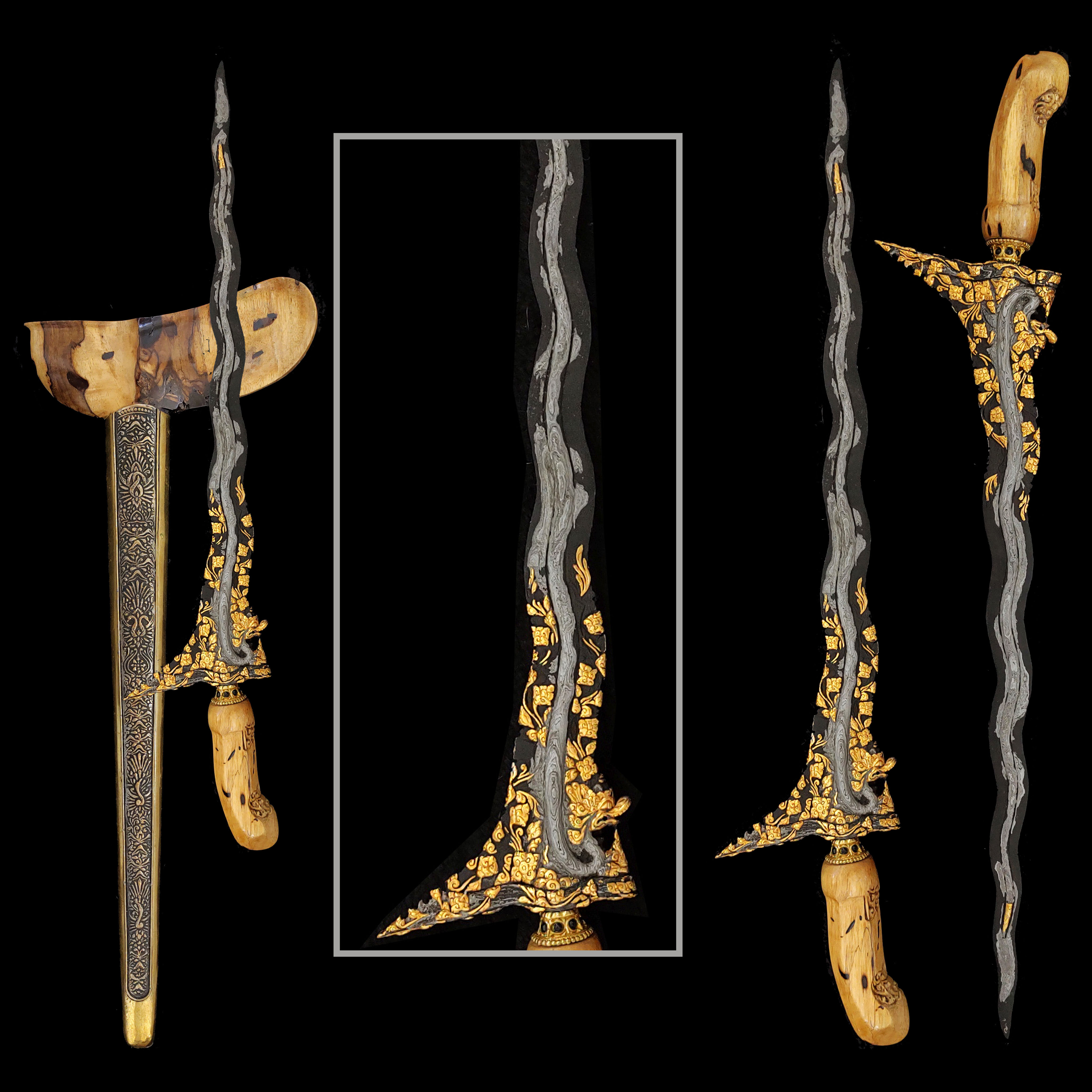 antique Nogo Rojo kris, keris - Mataram Senopaten-era - Kamarogan Tinatah (gold)