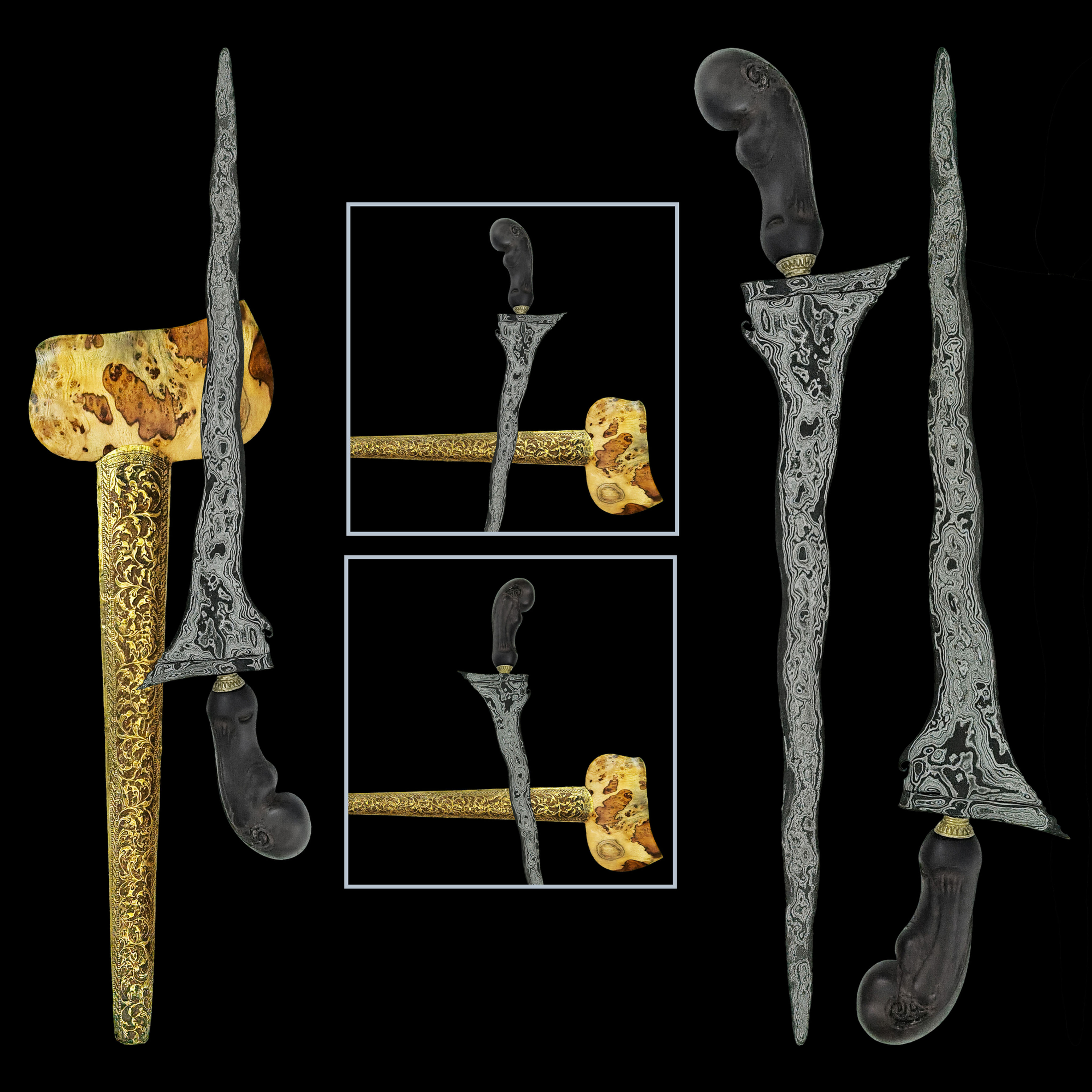 Rare antique Cirebon keris Sempana Luk 9 Pamor Pendarigan Kebak 17th century with warangka and blade on black luxury backgrou