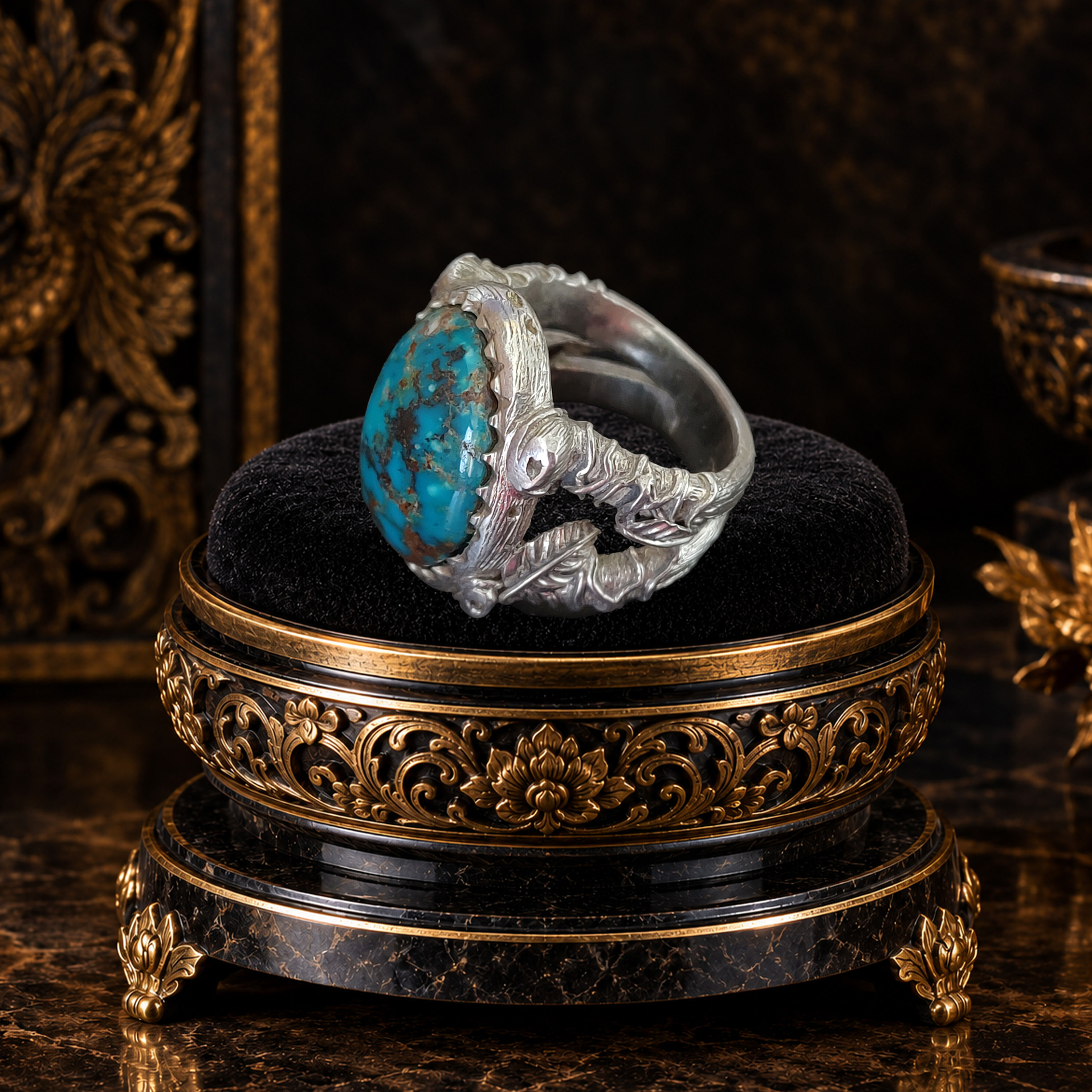 Handcrafted Sterling Silver Turquoise Ring with Guardian Khodam