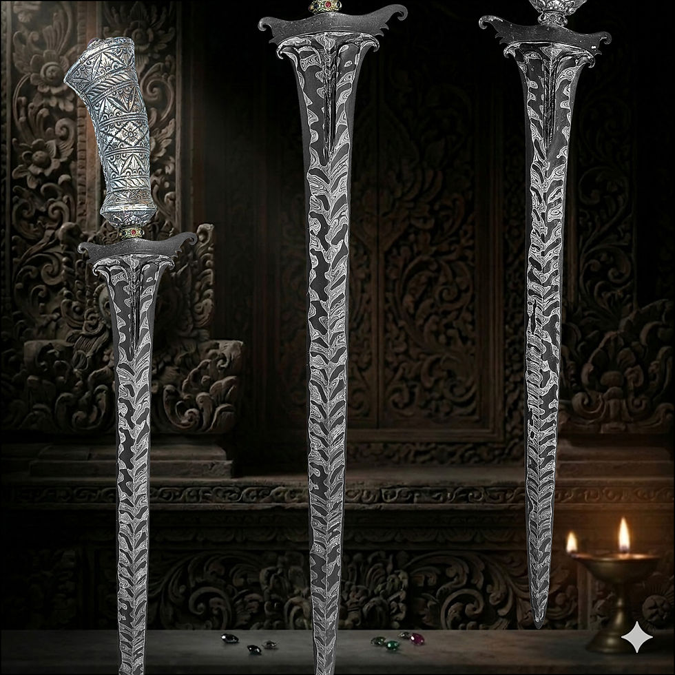 Thumbnail: Deeply chased Silang Sampat silver relief art on a museum-grade Indonesian keris kris scabbard.